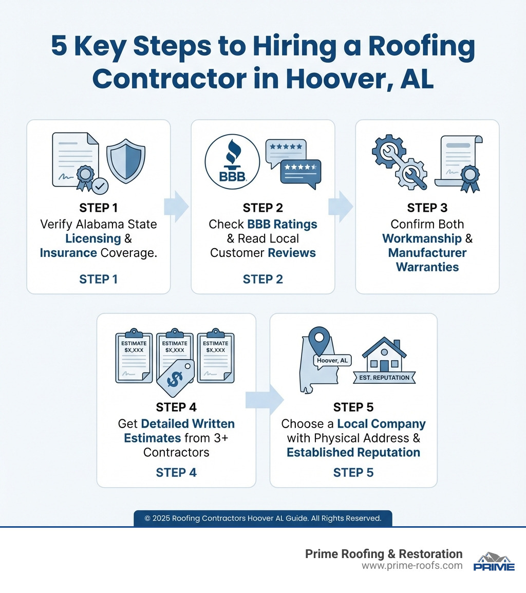 infographic showing 5 key steps to hiring a roofing contractor in Hoover AL: 1. Verify Alabama state licensing and insurance coverage, 2. Check BBB ratings and read local customer reviews, 3. Confirm both workmanship and manufacturer warranties, 4. Get detailed written estimates from 3+ contractors, 5. Choose a local company with physical address and established reputation - roofing contractors hoover al infographic 