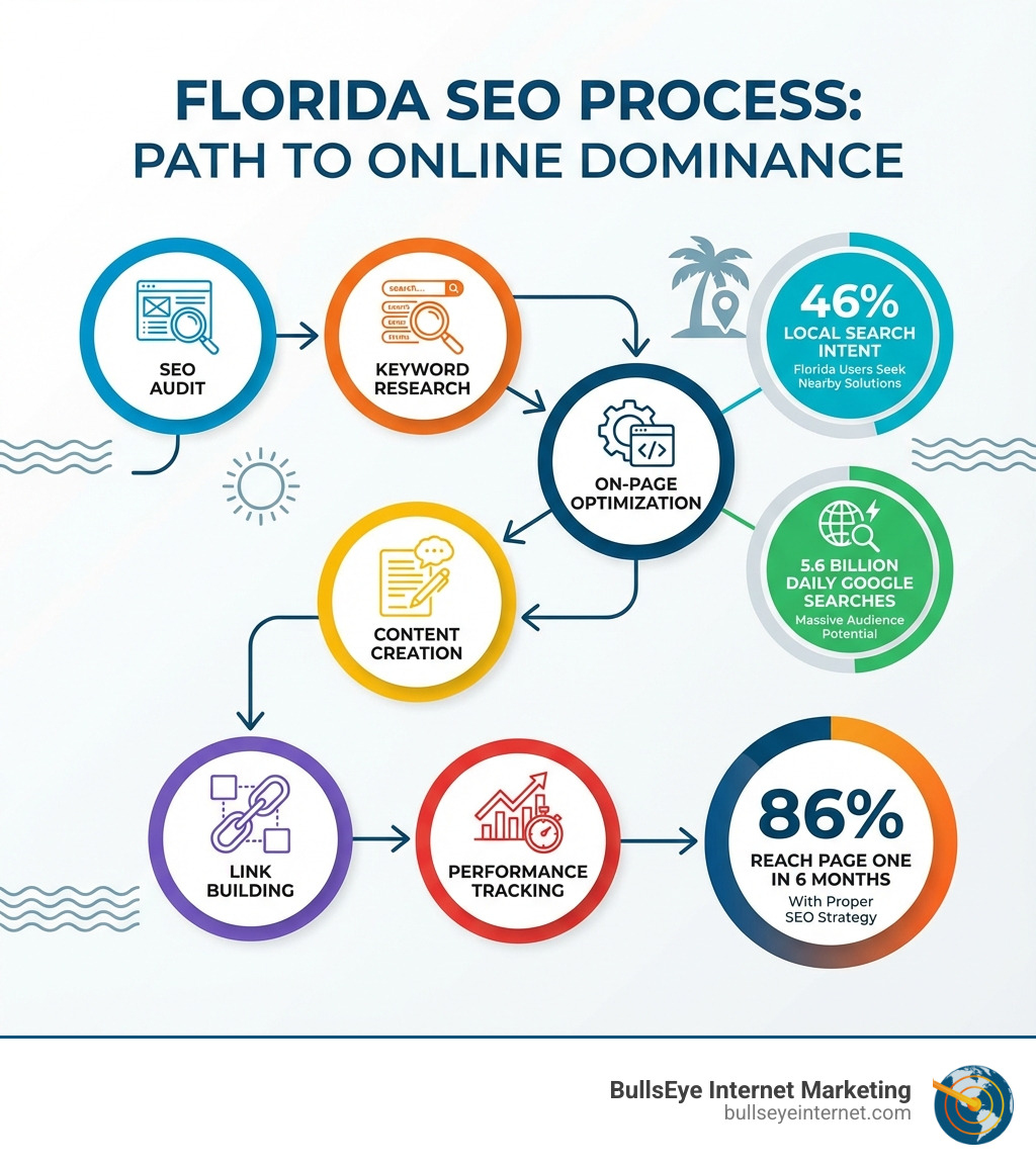 infographic showing Florida SEO process: SEO Audit leads to Keyword Research leads to On-Page Optimization leads to Content Creation leads to Link Building leads to Performance Tracking, with key metrics including 46% local search intent, 5.6 billion daily Google searches, and 86% reaching page one in 6 months - florida search engine optimization company infographic Florida SEO process infographic illustrating key steps: SEO audit, keyword research, on-page optimization, content creation, link building, and performance tracking, featuring statistics on local search intent and daily Google searches, branded with BullsEye Internet Marketing logo.