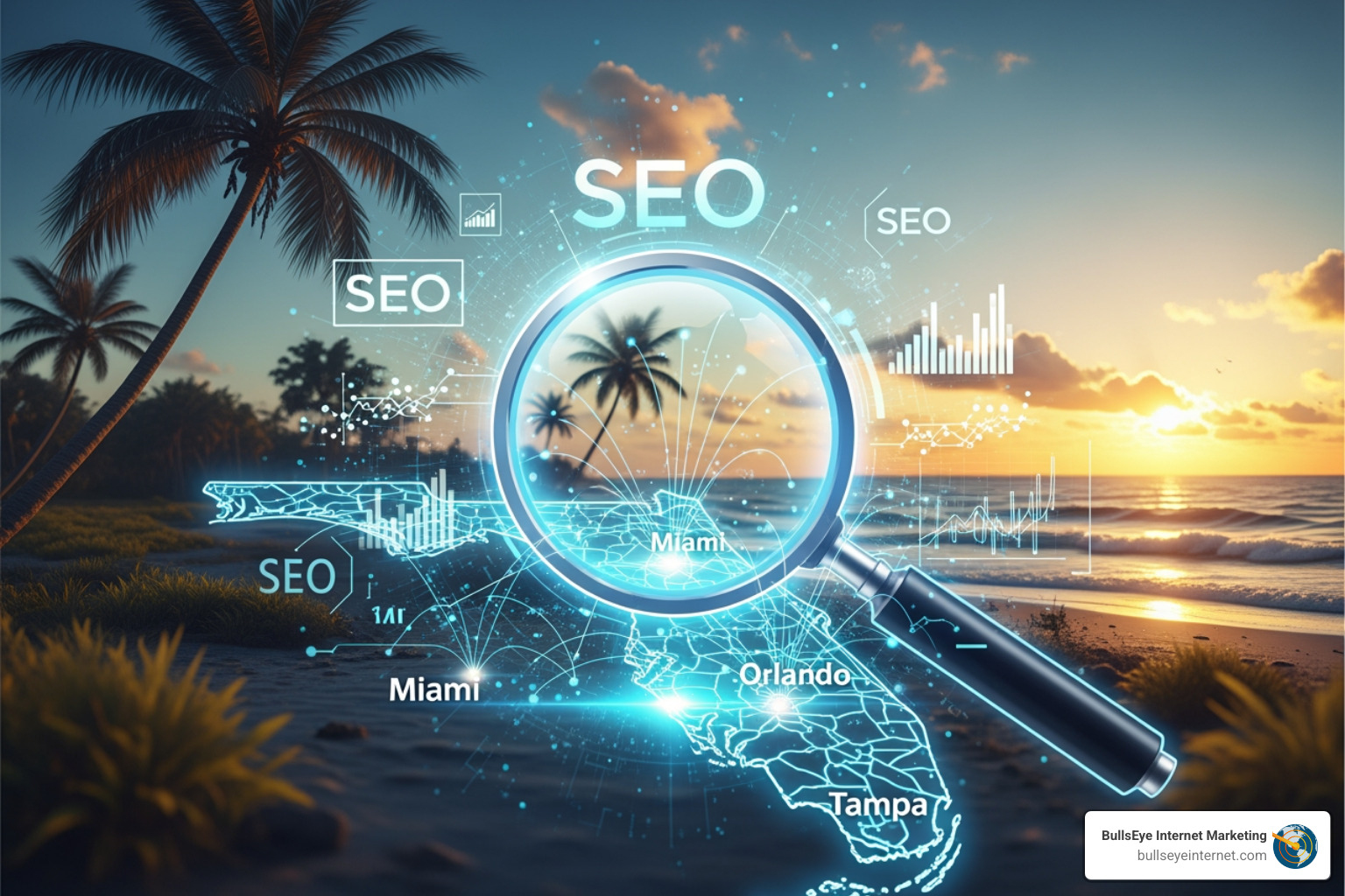 SEO services dashboard - florida search engine optimization company Magnifying glass over a digital map of Florida highlighting Miami, Orlando, and Tampa, with SEO keywords and data graphics, representing SEO services and local search optimization for businesses in Florida.