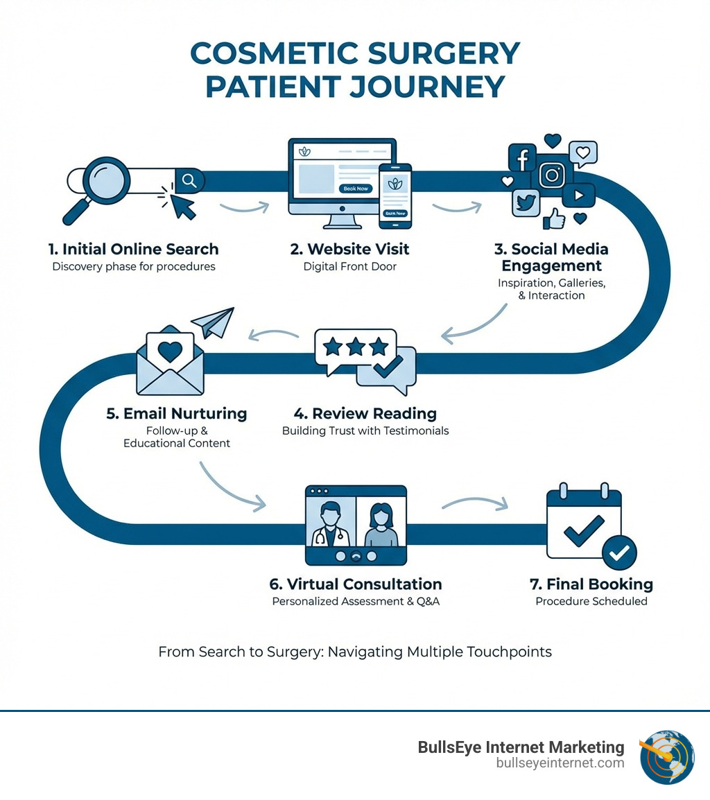 infographic showing the cosmetic surgery patient journey from initial online search through multiple touchpoints including website visit, social media engagement, review reading, email nurturing, virtual consultation, to final booking - cosmetic surgery lead generation infographic Cosmetic surgery patient journey infographic illustrating stages from initial online search to final booking, emphasizing digital engagement and nurturing strategies for lead generation by BullsEye Internet Marketing.