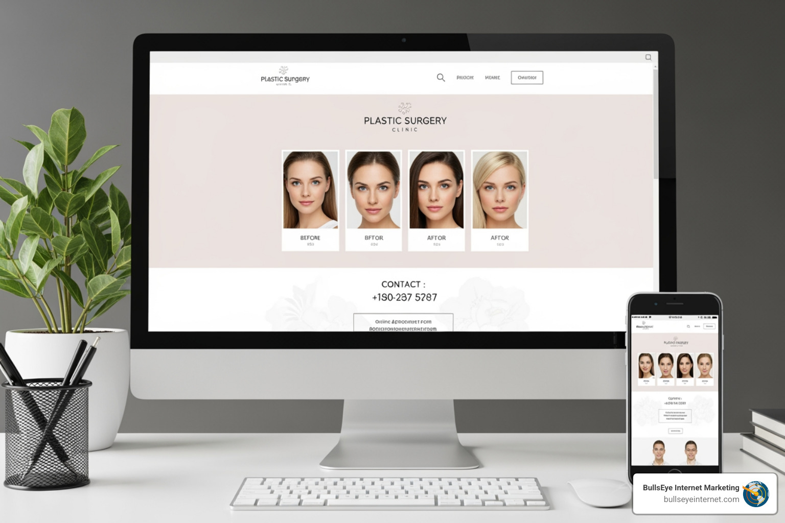 mobile-friendly plastic surgery website on a phone and desktop - cosmetic surgery lead generation Website design for a plastic surgery clinic showcasing before and after images of patients, emphasizing cosmetic surgery results and contact information for inquiries.