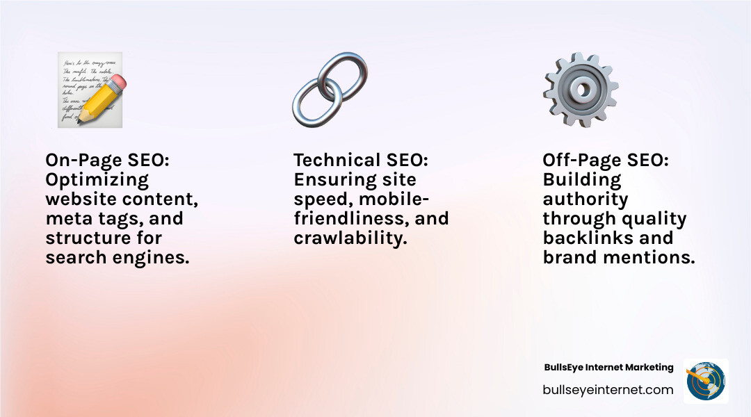 Infographic showing the three core pillars of SEO: On-Page SEO (content optimization, meta tags, site structure), Off-Page SEO (backlinks, brand mentions, authority building), and Technical SEO (site speed, mobile optimization, crawlability) - search engine optimisation companies infographic 3_facts_emoji_light-gradient On-Page SEO, Technical SEO, and Off-Page SEO concepts with icons illustrating website optimization strategies for search visibility and authority, branded with Bullseye Internet Marketing.
