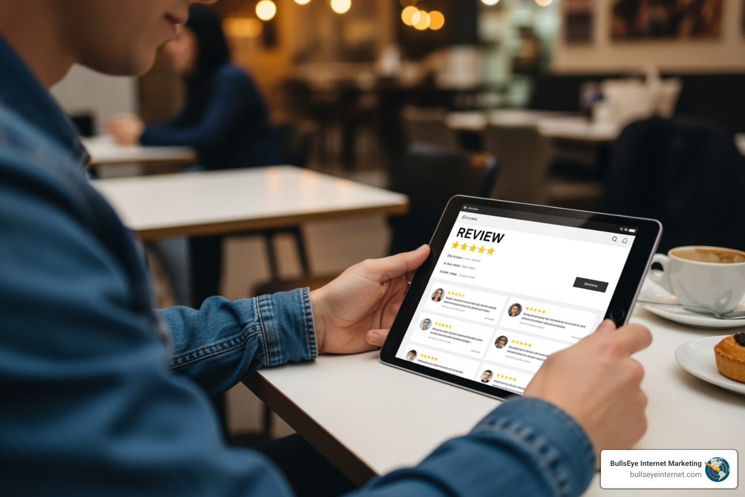 person reading online reviews on a tablet - search engine optimisation companies Person reviewing client testimonials on a tablet, showcasing five-star ratings and feedback, in a café setting, emphasizing the importance of reviews for selecting SEO companies.