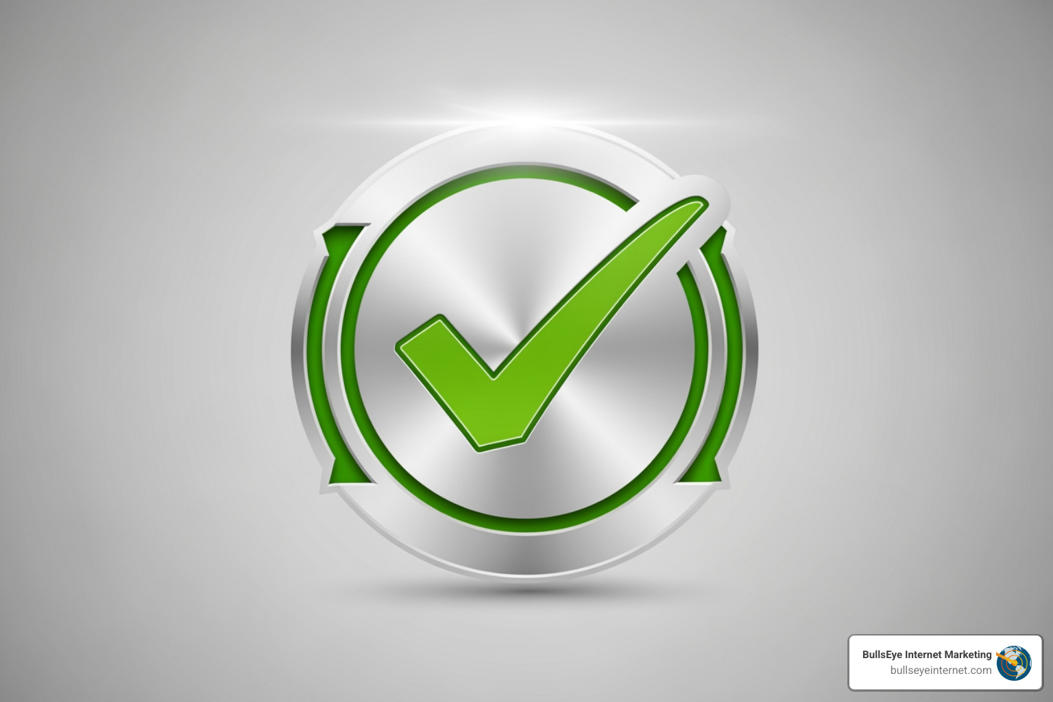 Green checkmark emblem symbolizing trust and credibility, associated with Google Guaranteed for service-based businesses, with BullsEye Internet Marketing branding.