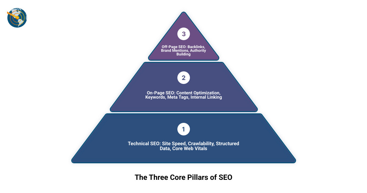 Infographic showing the three core pillars of SEO: On-Page SEO (content optimization, keywords, meta tags, internal linking), Off-Page SEO (backlinks, brand mentions, social signals, authority building), and Technical SEO (site speed, mobile optimization, crawlability, structured data, Core Web Vitals) - search engine optimization consultants infographic 3_stage_pyramid Pyramid diagram illustrating the three core pillars of SEO: Technical SEO, On-Page SEO, and Off-Page SEO, with text labels detailing key components of each pillar.