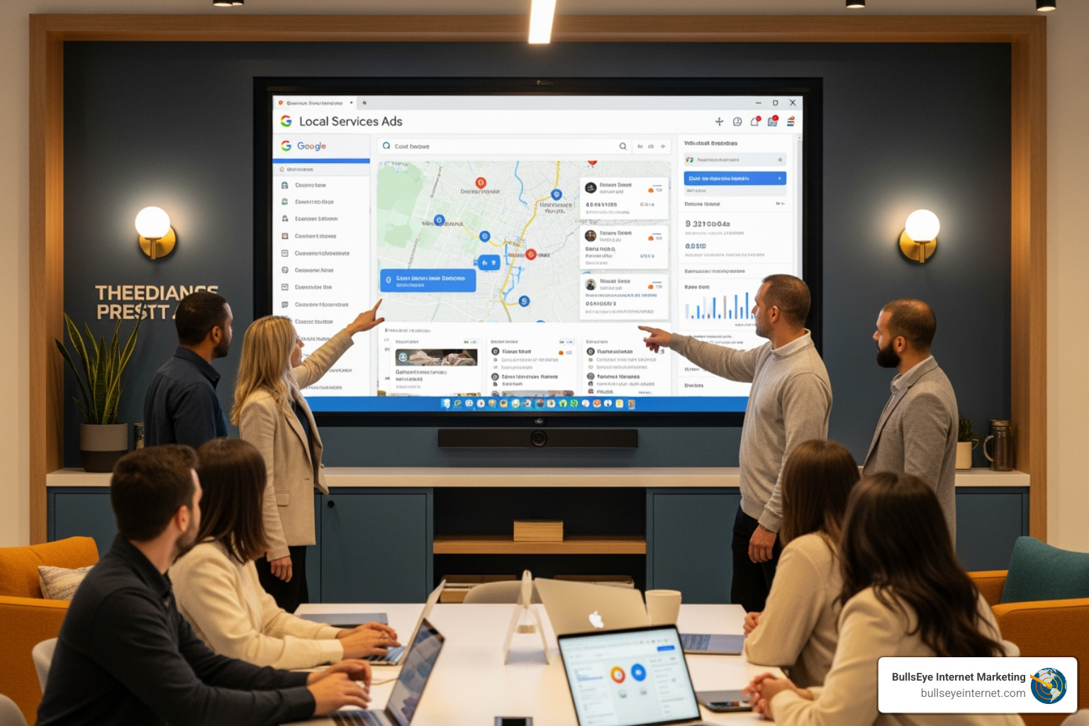 Group of professionals discussing Google Local Service Ads strategy in a modern meeting room, with a large screen displaying a map and ad performance metrics.