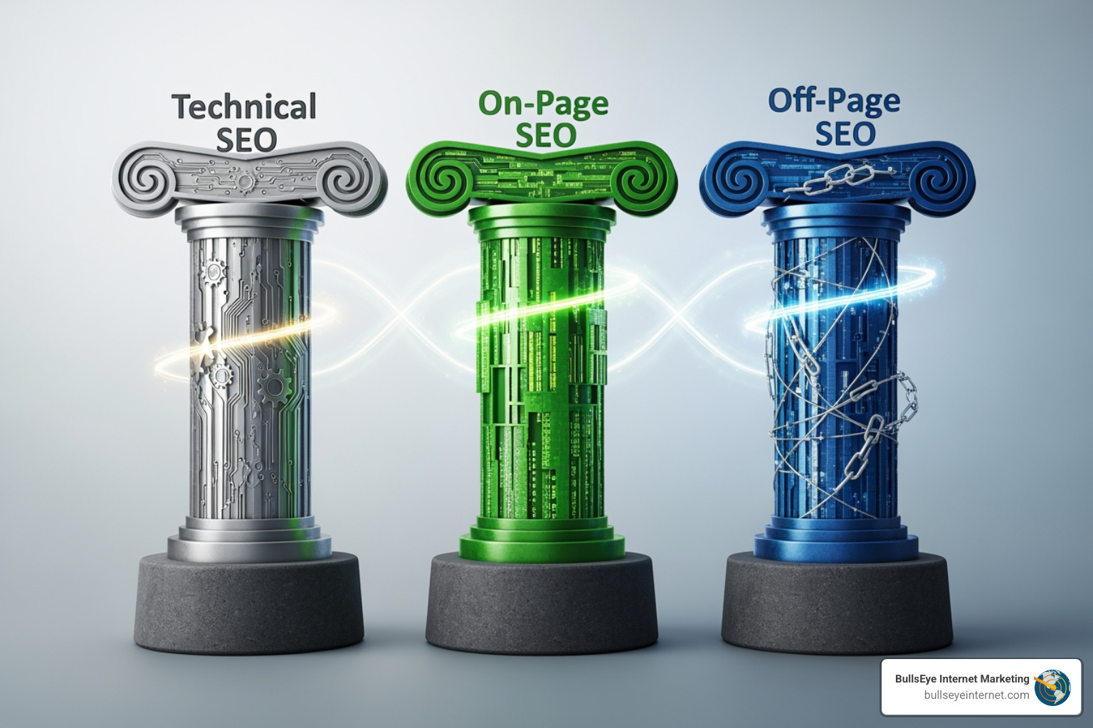 diagram showing the three pillars of SEO: Technical, On-Page, and Off-Page - search engine optimization expert Three pillars representing Technical SEO, On-Page SEO, and Off-Page SEO, interconnected with glowing lines, symbolizing the foundational elements of effective search engine optimization strategies.