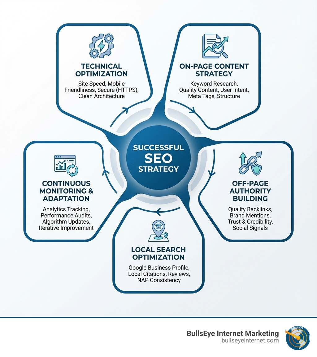 infographic showing the key components of a successful SEO strategy including technical optimization, on-page content strategy, off-page authority building, local search optimization, and continuous monitoring and adaptation - search engine optimization expert infographic Visual representation of a successful SEO strategy, showcasing four key components: Technical Optimization, On-Page Content Strategy, Off-Page Authority Building, and Local Search Optimization, with a central focus on "Successful SEO Strategy" and branding for BullsEye Internet Marketing.