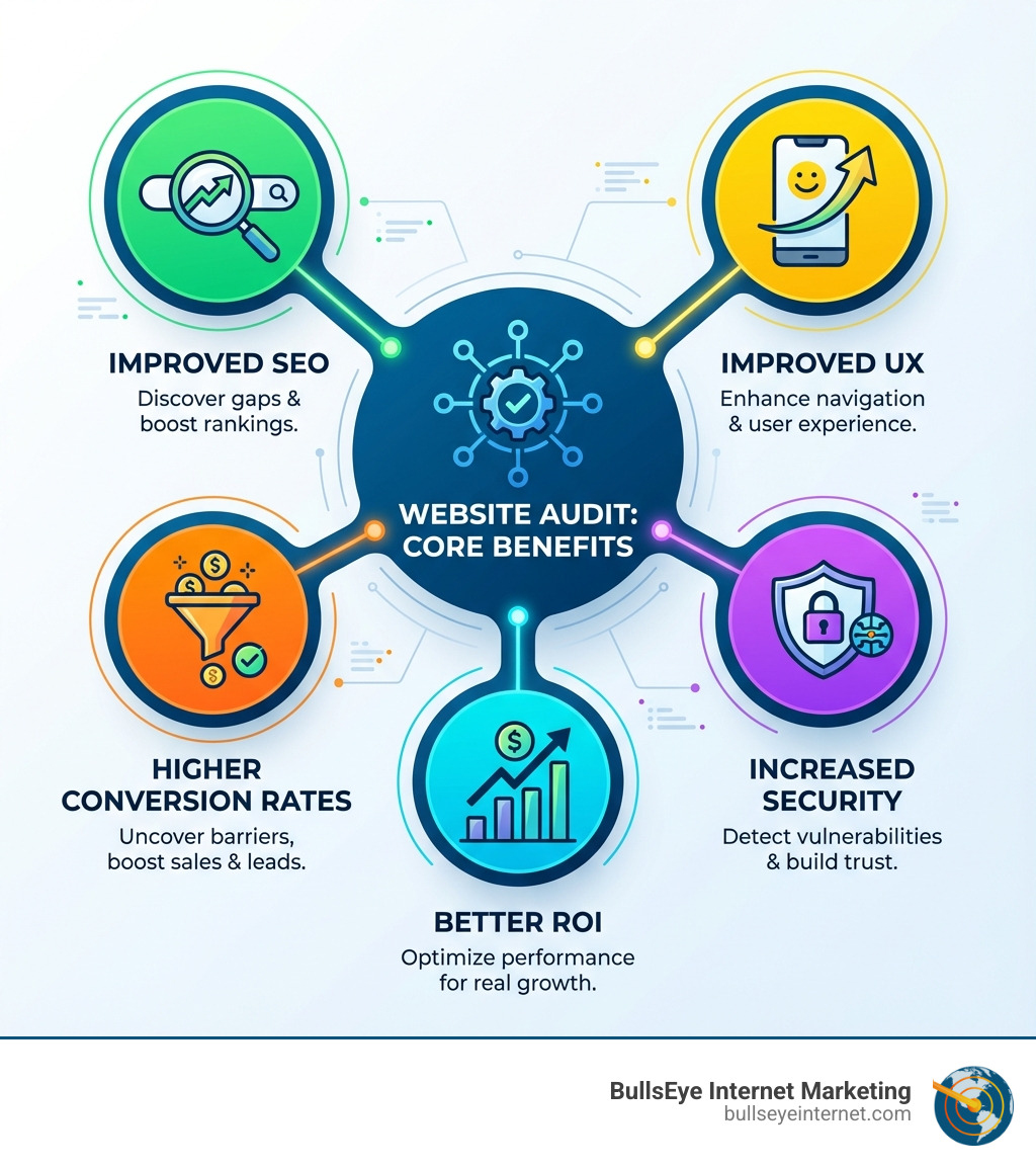 Infographic explaining the core benefits of a website audit: Improved SEO, Improved UX, Higher Conversion Rates, Increased Security, and Better ROI - website audit services infographic Website audit core benefits infographic highlighting improved SEO, user experience, conversion rates, ROI, and security, with icons and text emphasizing website performance enhancement, from BullsEye Internet Marketing.