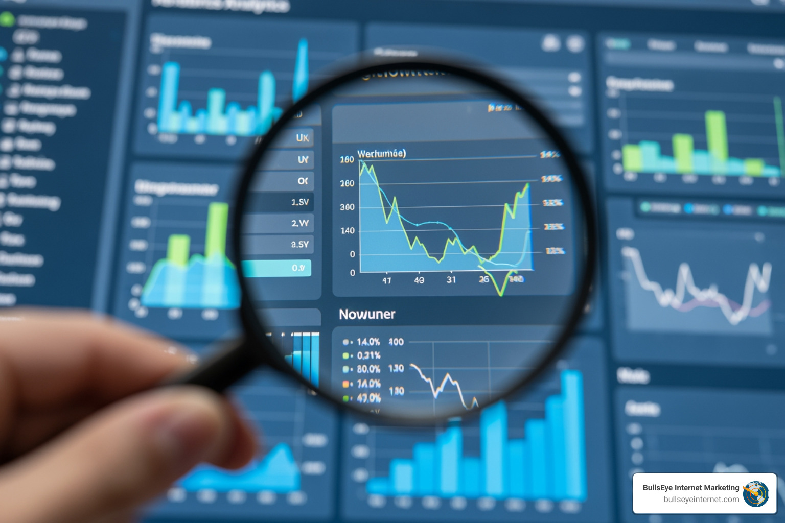Sample audit report showing prioritized issues - website audit services Hand holding a magnifying glass over a digital analytics dashboard displaying various graphs and data metrics, emphasizing the importance of detailed website audit services for improving SEO performance and user experience.