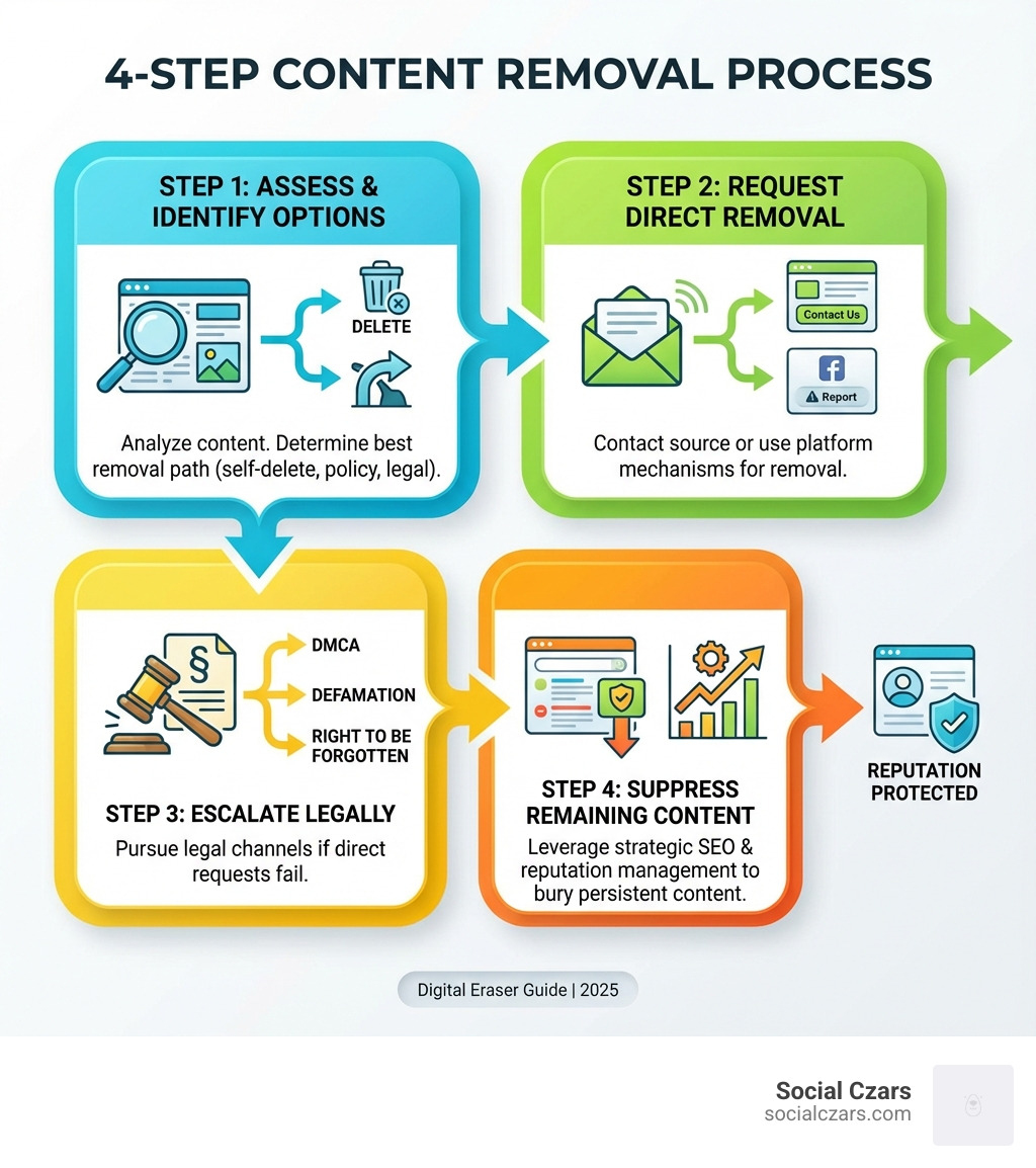 Infographic showing the 4-step content removal process: Step 1 - Assess the content and identify removal options; Step 2 - Request removal directly from source or via platform policies; Step 3 - Escalate through legal channels if needed (DMCA, defamation, Right to Be Forgotten); Step 4 - Suppress remaining content through strategic SEO and reputation management - How to remove content infographic 