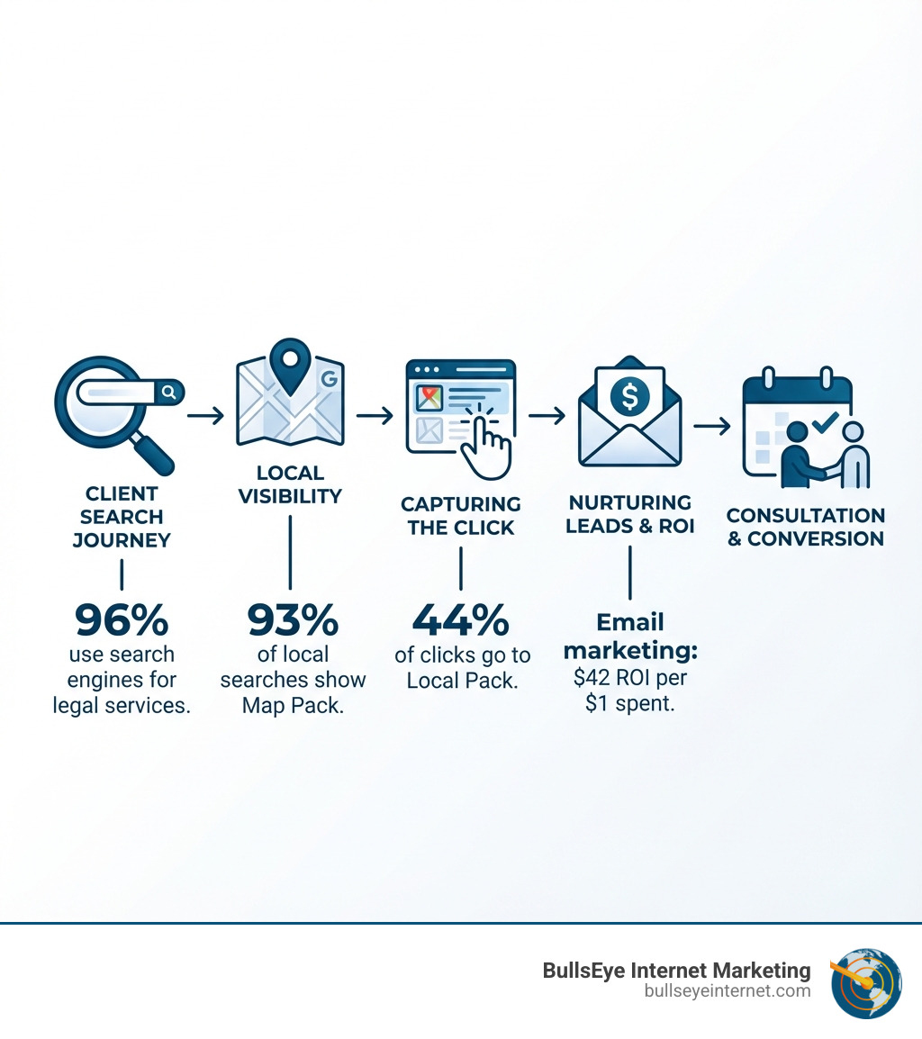 Infographic illustrating the client search journey for legal services, highlighting statistics on local visibility, capturing clicks, nurturing leads, and conversion rates, with branding for BullsEye Internet Marketing.