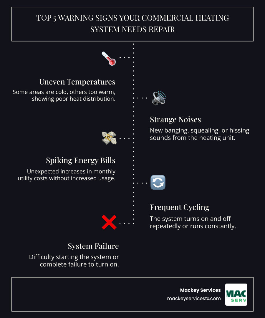 Infographic showing the top 5 warning signs your commercial heating system needs repair in Dickinson TX: 1. Uneven temperatures or cold spots in different areas of your building, 2. Unusual sounds like banging, squealing, or hissing from the system, 3. Unexpected increases in monthly energy costs, 4. System frequently turning on and off or running constantly, 5. Difficulty starting the system or complete failure to turn on - commercial heating repair dickinson tx infographic infographic-line-5-steps-dark Infographic showing the top 5 warning signs your commercial heating system needs repair in Dickinson TX: 1. Uneven temperatures or cold spots in different areas of your building, 2. Unusual sounds like banging, squealing, or hissing from the system, 3. Unexpected increases in monthly energy costs, 4. System frequently turning on and off or running constantly, 5. Difficulty starting the system or complete failure to turn on - commercial heating repair dickinson tx infographic infographic-line-5-steps-dark