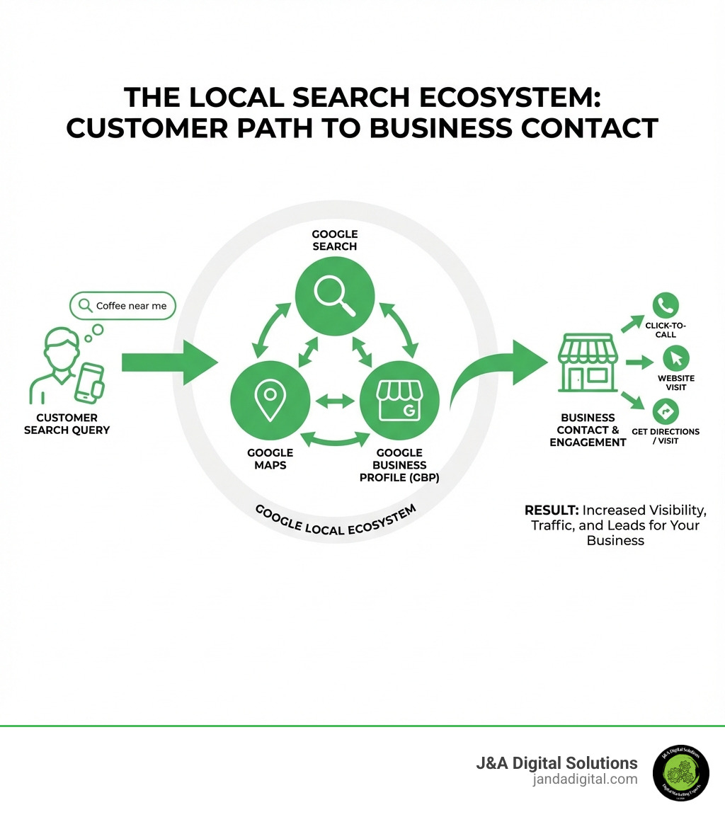 Infographic showing the local search ecosystem: how customers find businesses through Google Search, Google Maps, and Google Business Profile, with arrows indicating the path from search query to business contact - local seo packages infographic 