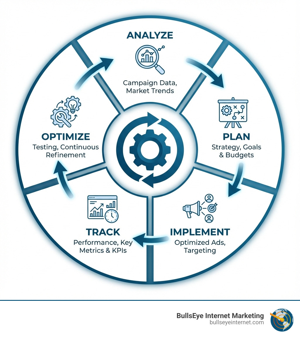 PPC management process diagram illustrating analyze, plan, implement, track, and optimize stages for effective campaign management, branded with BullsEye Internet Marketing logo.
