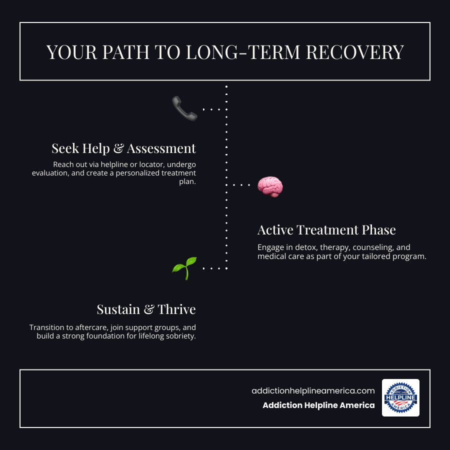 Infographic showing the journey from seeking help to long-term recovery: Step 1 - Reach out for help (call helpline or visit treatment locator), Step 2 - Assessment and admission (medical evaluation and personalized treatment plan), Step 3 - Active treatment (detox, therapy, counseling, medical care), Step 4 - Transition and aftercare (sober living, outpatient services, support groups), Step 5 - Long-term recovery (ongoing support, relapse prevention, community connection) - drug and alcohol rehabilitation centers infographic infographic-line-3-steps-dark