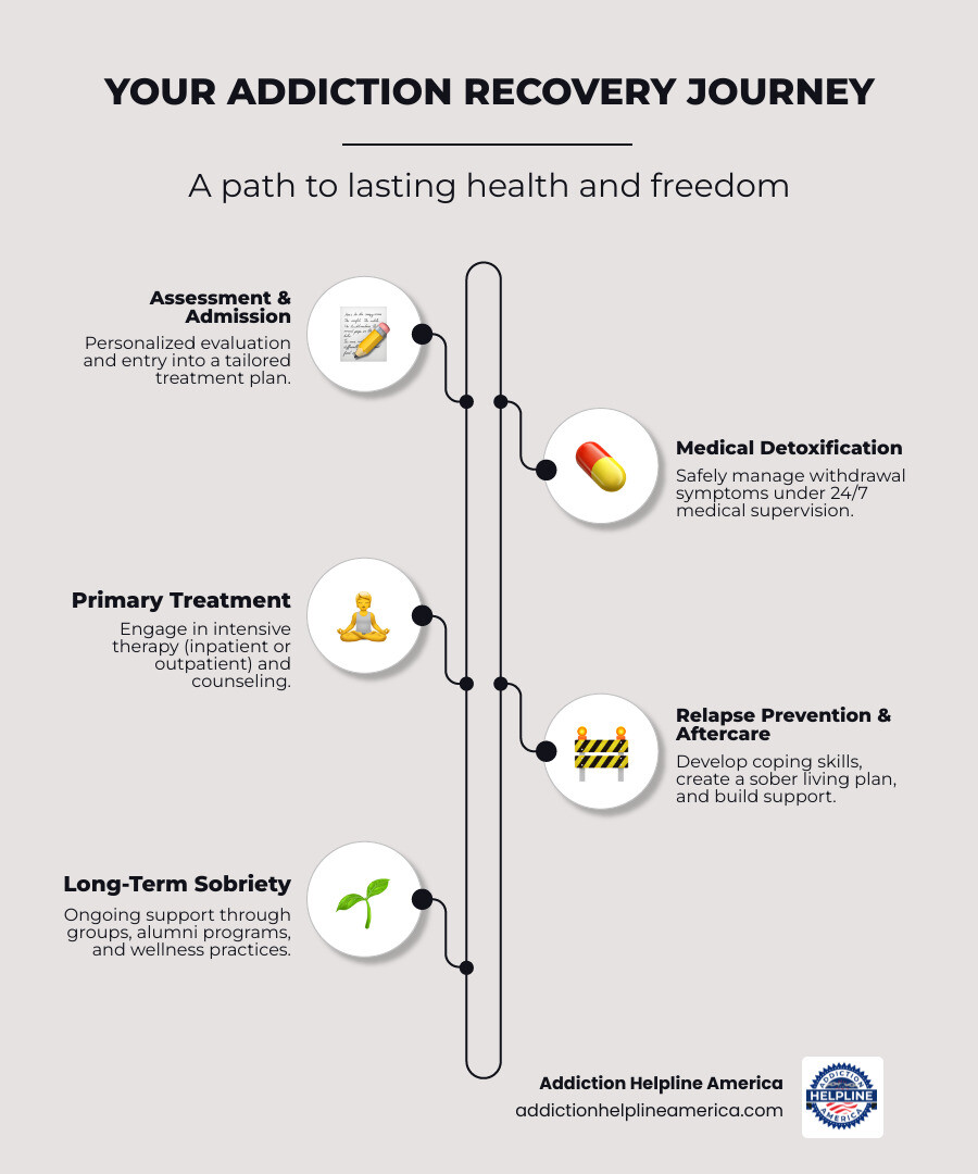 Infographic showing the addiction recovery journey: Assessment and admission, medical detoxification if needed, inpatient or outpatient treatment with therapy and counseling, development of relapse prevention skills, aftercare planning, ongoing support through groups and alumni programs, long-term sobriety and wellness - rehab centers in miami florida infographic infographic-line-5-steps-elegant_beige