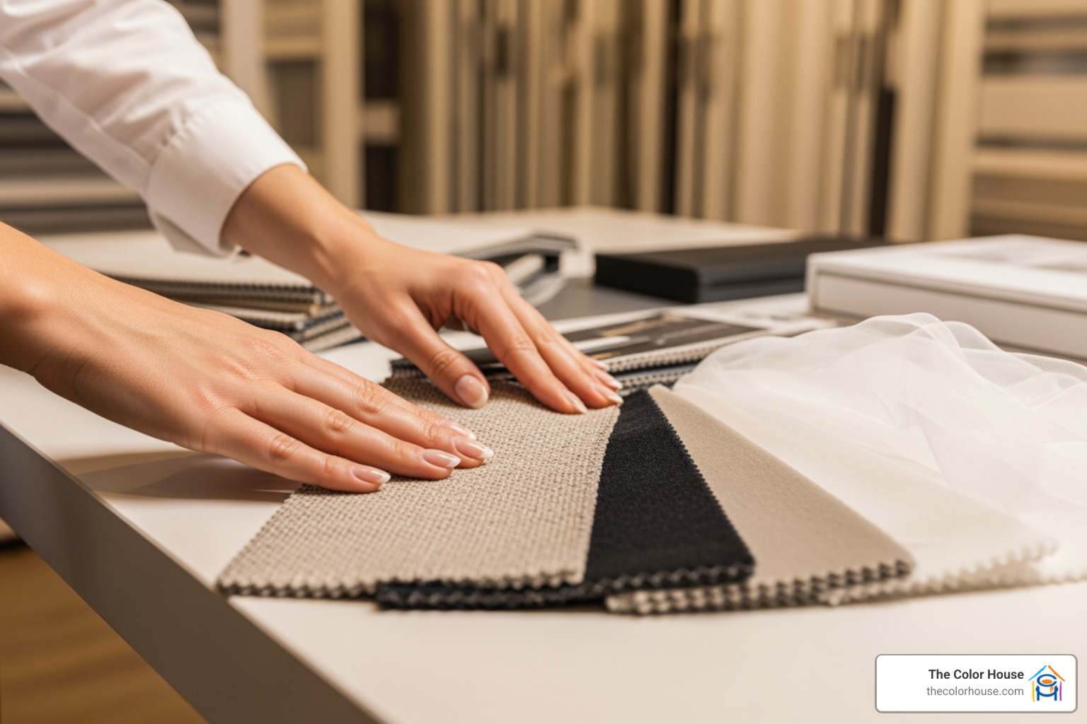 Customer touching fabric swatches - Window treatment showroom