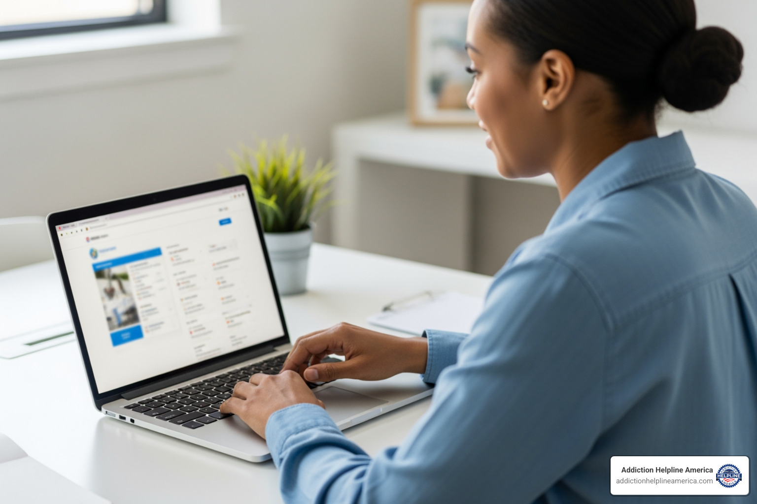 A person sits calmly at a desk, looking at a laptop screen with a blurred image of supportive information, while a sticky note with a helpline number is prominently displayed on the monitor. - drug and alcohol rehabilitation centers