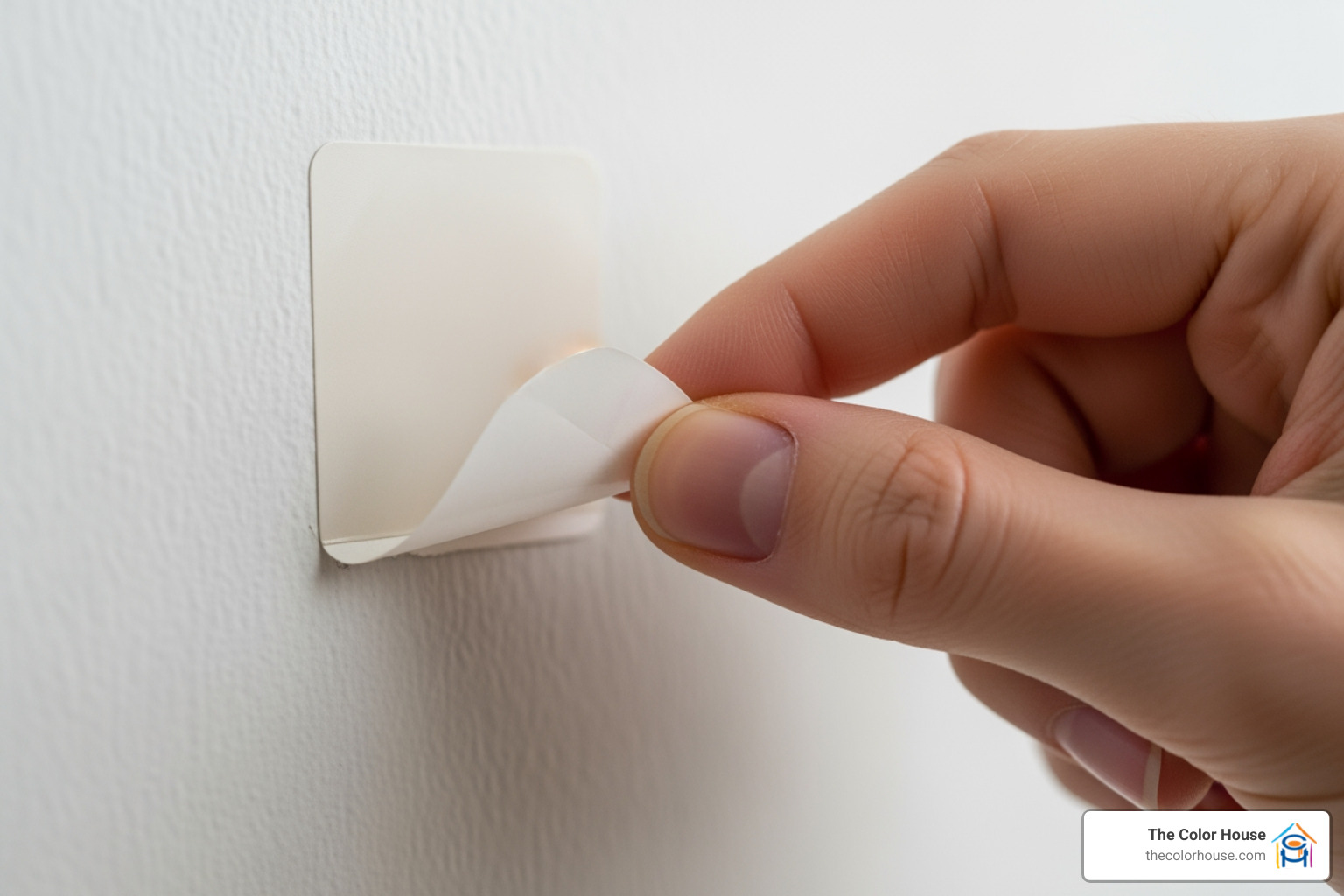 sample being peeled slowly from a wall at a diagonal angle - do peel and stick paint samples come off