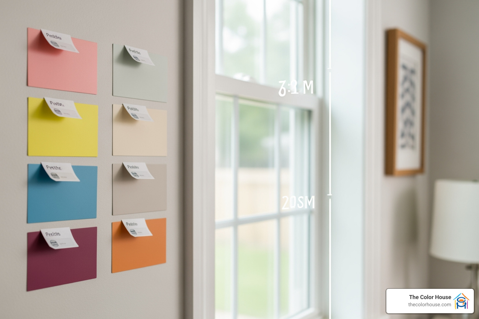 multiple paint samples on a wall near a window, showing how light affects color - do peel and stick paint samples come off