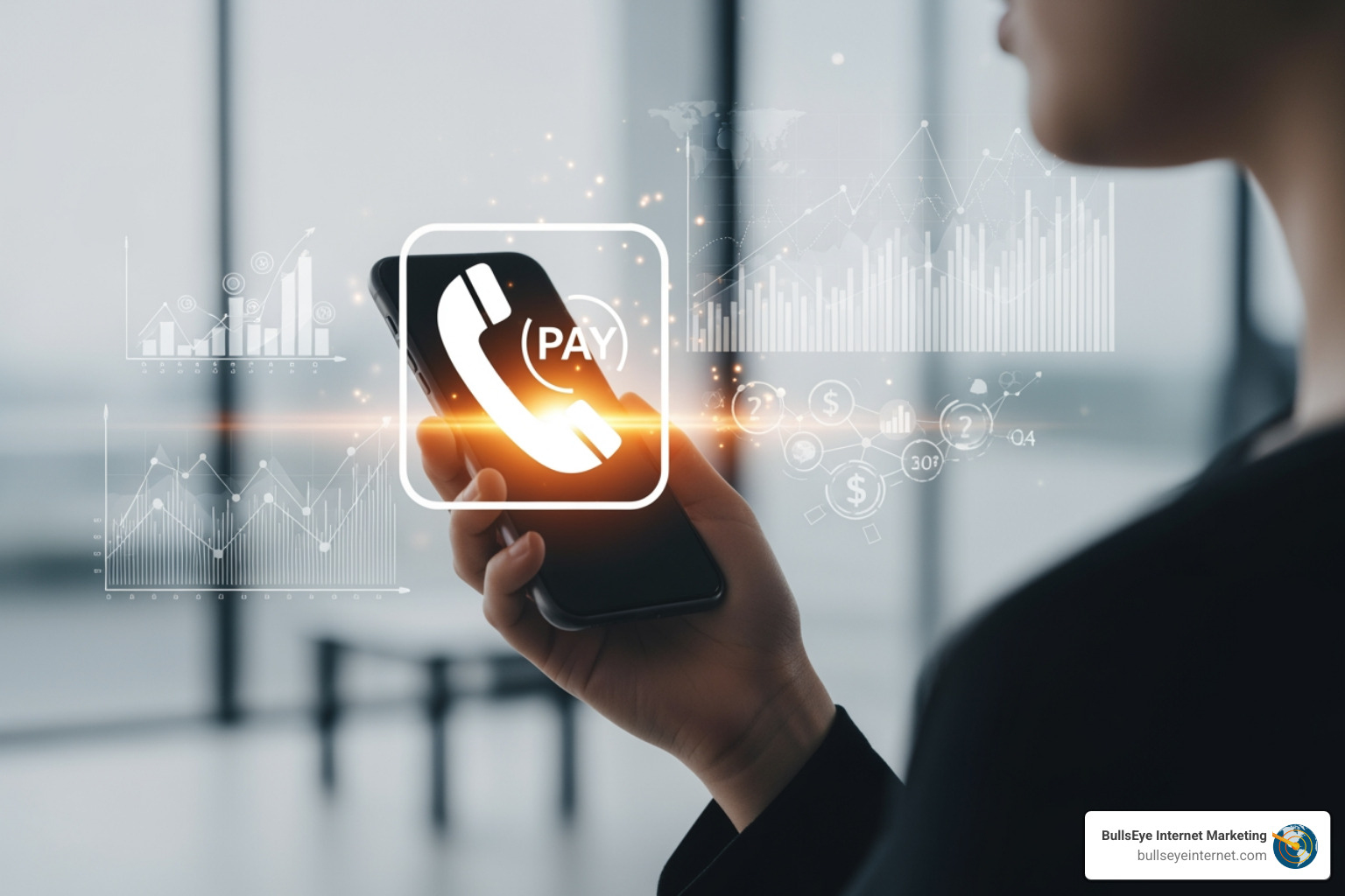 BullsEye Internet Marketing dashboard - pay per call services Person holding smartphone displaying pay-per-call icon with analytics graphs in background, representing BullsEye Internet Marketing's services for generating high-intent leads.
