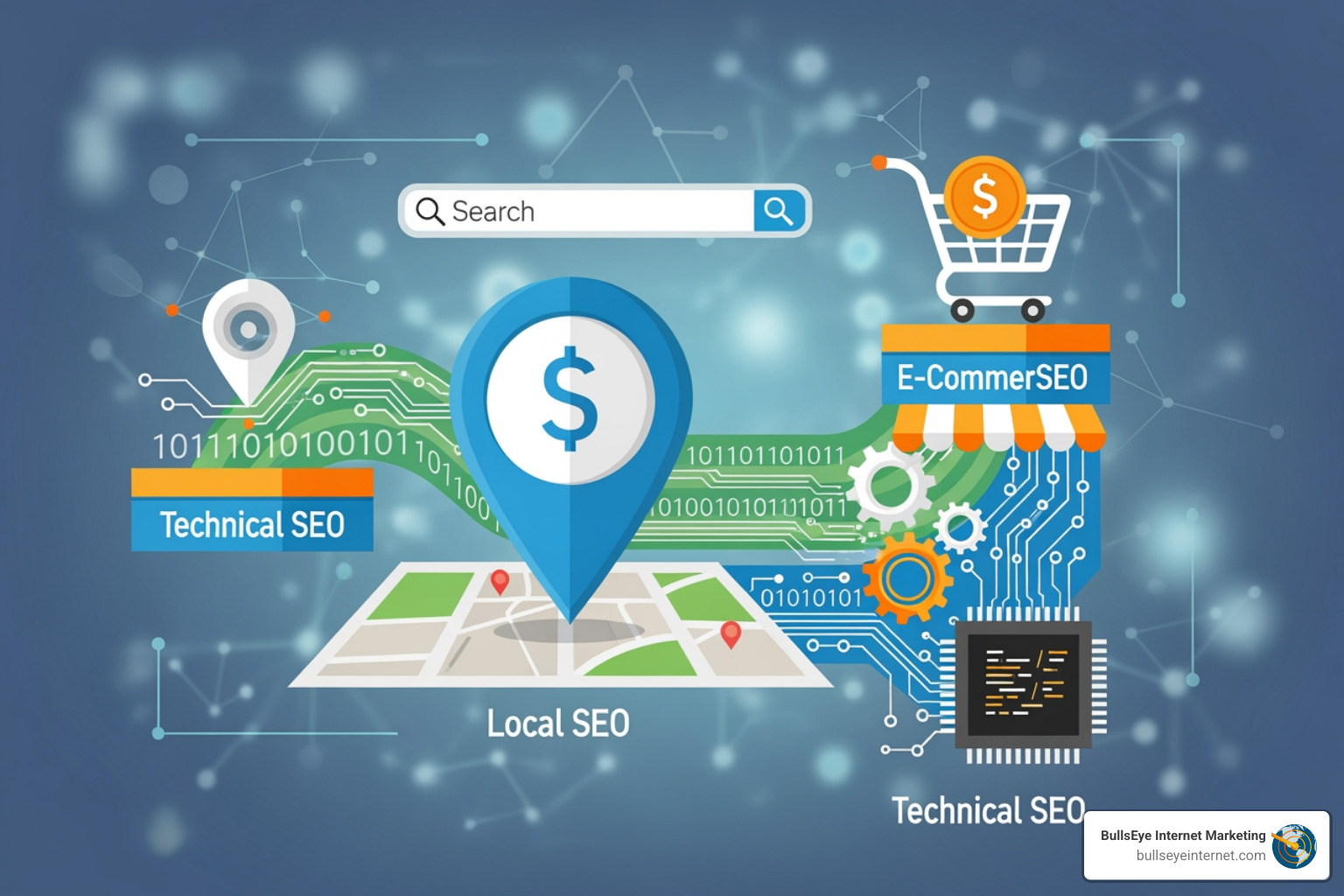 Illustration of different SEO specializations like Local SEO, E-commerce SEO, and Technical SEO - SEO company Coral Springs Graphic illustrating SEO concepts, featuring a search bar, dollar sign, and labels for Local SEO, Technical SEO, and E-Commerce SEO, with a map and circuit patterns, representing BullsEye Internet Marketing's focus on enhancing online visibility for businesses.