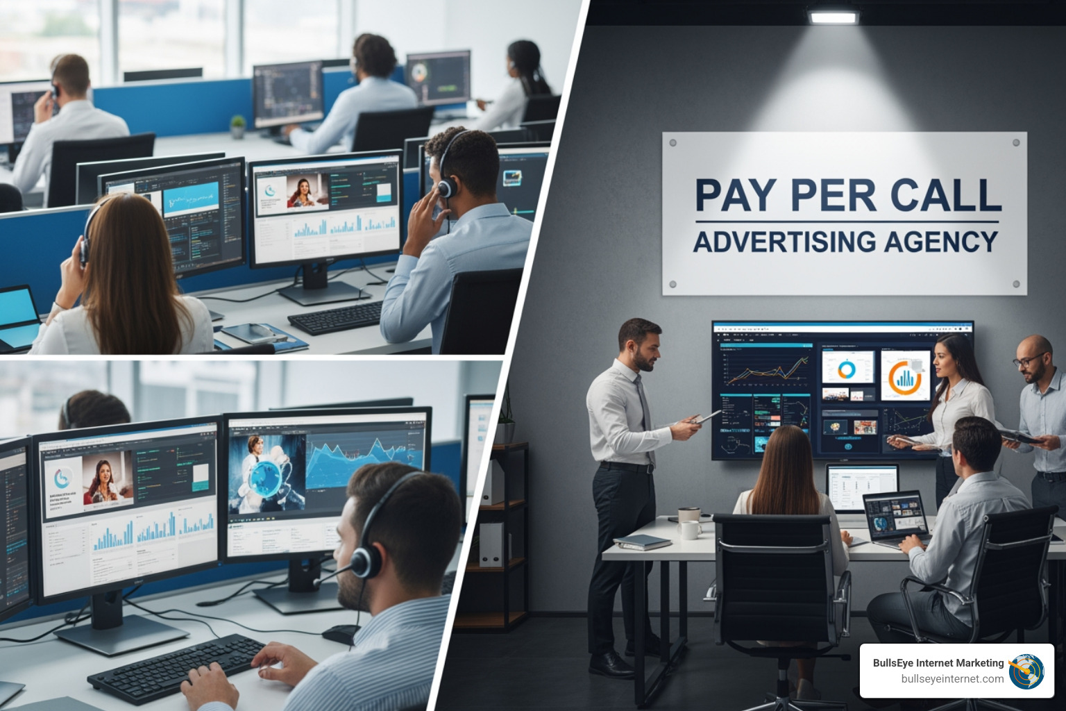 Office setting of a Pay Per Call Advertising Agency, featuring professionals engaged in calls and discussions, multiple computer screens displaying analytics and graphs, and a prominent wall sign reading "PAY PER CALL ADVERTISING AGENCY."