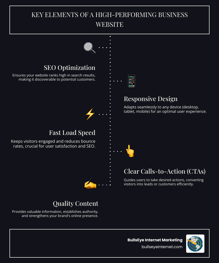Infographic explaining the key elements of a high-performing business website: SEO, Responsive Design, Fast Load Speed, Clear CTAs, and Quality Content. - web design companies near me infographic infographic-line-5-steps-dark Infographic explaining the key elements of a high-performing business website: SEO, Responsive Design, Fast Load Speed, Clear CTAs, and Quality Content. - web design companies near me infographic infographic-line-5-steps-dark