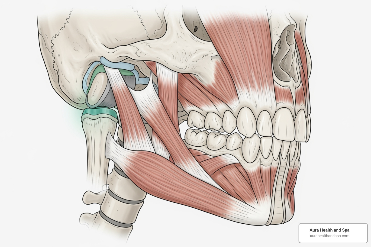 Anatomical diagram highlighting the temporomandibular joint and masseter muscle - Botox for TMJ Ann Arbor