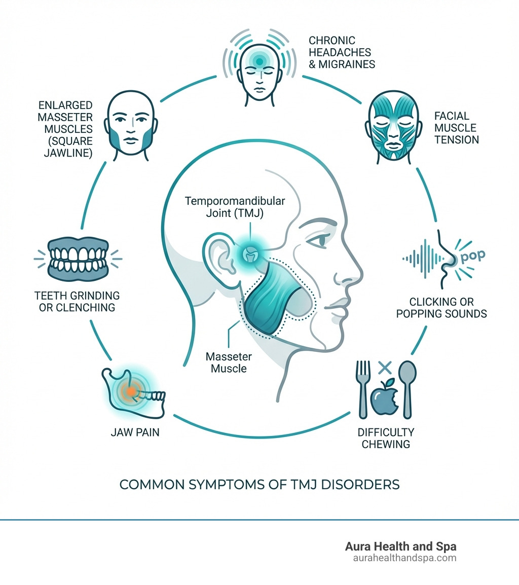 Infographic showing the common symptoms of TMJ disorders including jaw pain, clicking or popping sounds when opening the mouth, chronic headaches and migraines, facial muscle tension, difficulty chewing, enlarged masseter muscles creating a square jawline, and teeth grinding or clenching, with anatomical markers indicating the temporomandibular joint and masseter muscle location - Botox for TMJ Ann Arbor infographic 