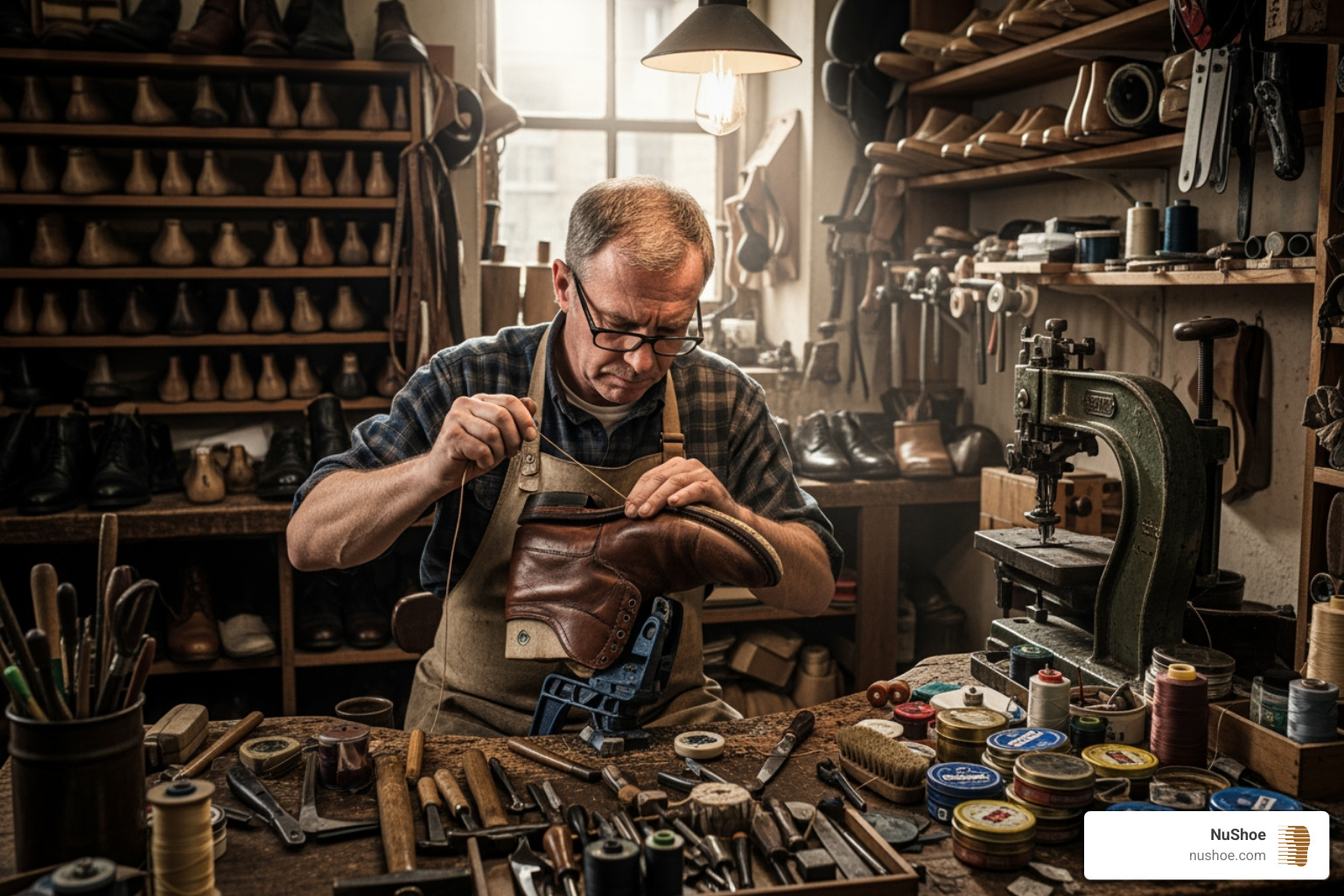 NuShoe cobbler stitching a new sole onto a boot - boots resole NuShoe cobbler stitching a new sole onto a boot - boots resole