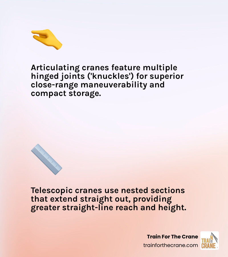 Infographic comparing articulating boom cranes and telescopic boom cranes, showing articulating cranes with multiple hinged joints that fold like a finger for close-range maneuverability and compact storage, versus telescopic cranes with nested boom sections that extend straight out for maximum reach and height - Articulating boom crane infographic 2_facts_emoji_light-gradient Infographic comparing articulating boom cranes and telescopic boom cranes, showing articulating cranes with multiple hinged joints that fold like a finger for close-range maneuverability and compact storage, versus telescopic cranes with nested boom sections that extend straight out for maximum reach and height - Articulating boom crane infographic 2_facts_emoji_light-gradient