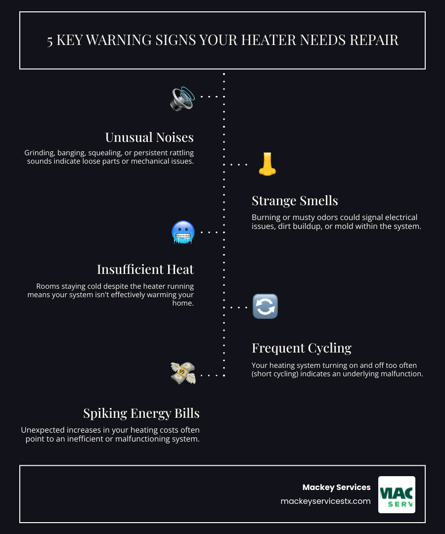 infographic showing five key warning signs your heater needs repair: unusual grinding or banging noises, strange burning or musty smells, rooms staying cold despite running heater, system turning on and off frequently, and unexpected spikes in energy bills - heating repair in pearland, tx infographic infographic-line-5-steps-dark infographic showing five key warning signs your heater needs repair: unusual grinding or banging noises, strange burning or musty smells, rooms staying cold despite running heater, system turning on and off frequently, and unexpected spikes in energy bills - heating repair in pearland, tx infographic infographic-line-5-steps-dark