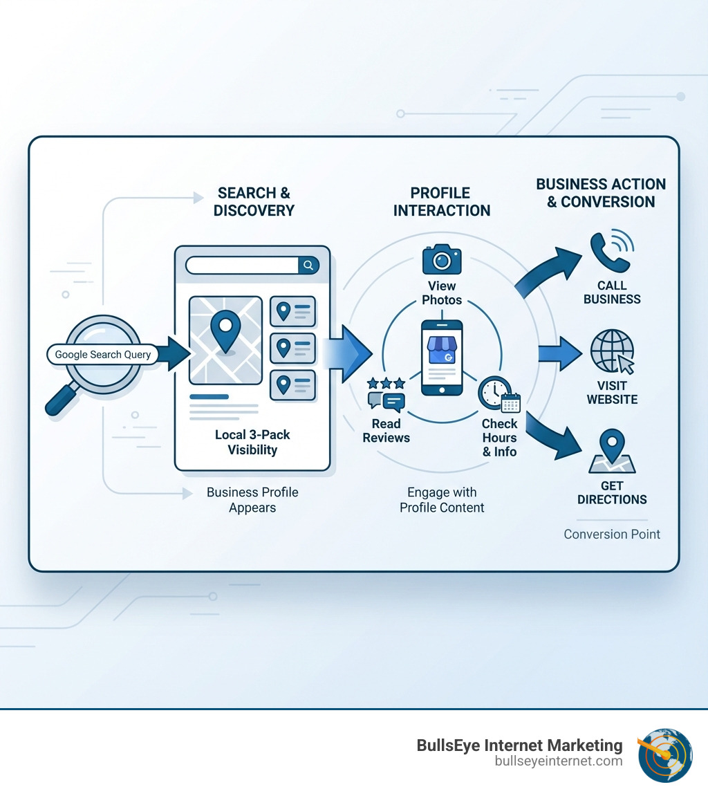 Diagram illustrating Google My Business marketing process, highlighting search visibility, profile interaction, and conversion actions for local businesses, branded with BullsEye Internet Marketing logo.