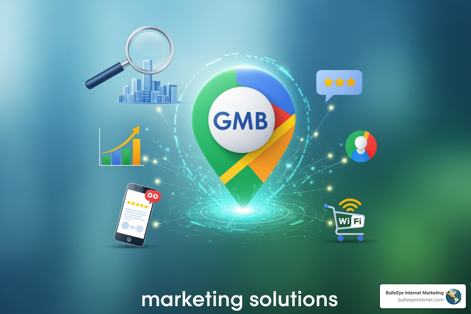 Graphic illustrating Google My Business (GMB) marketing solutions, featuring a GMB logo, magnifying glass, bar graph, smartphone with reviews, Wi-Fi symbol, and user icons, emphasizing local business visibility and customer engagement.