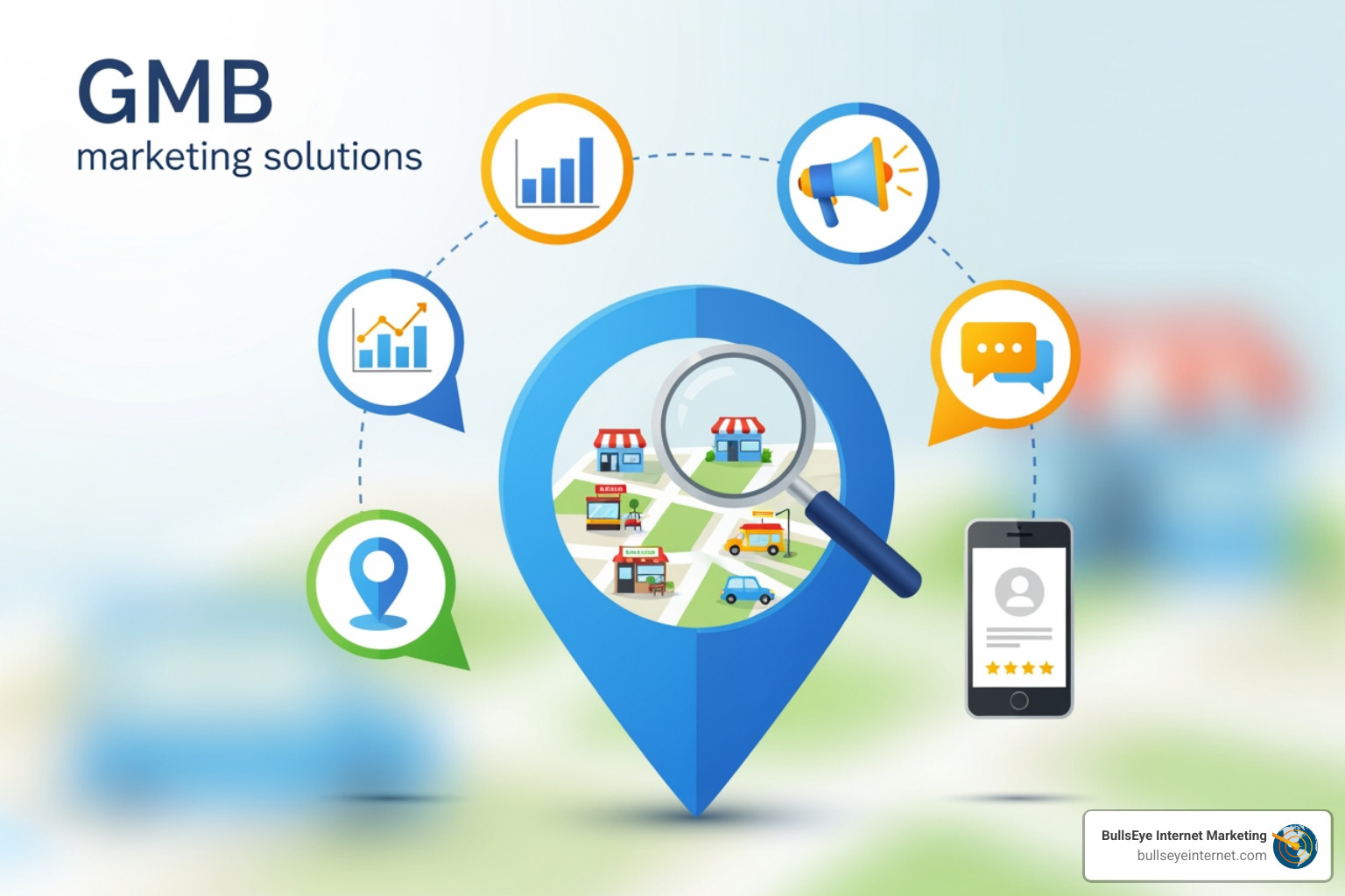 GMB marketing solutions graphic featuring a magnifying glass over a map with local business icons, analytics charts, and a smartphone, representing BullsEye Internet Marketing's focus on optimizing Google Business Profiles for enhanced visibility and customer engagement.