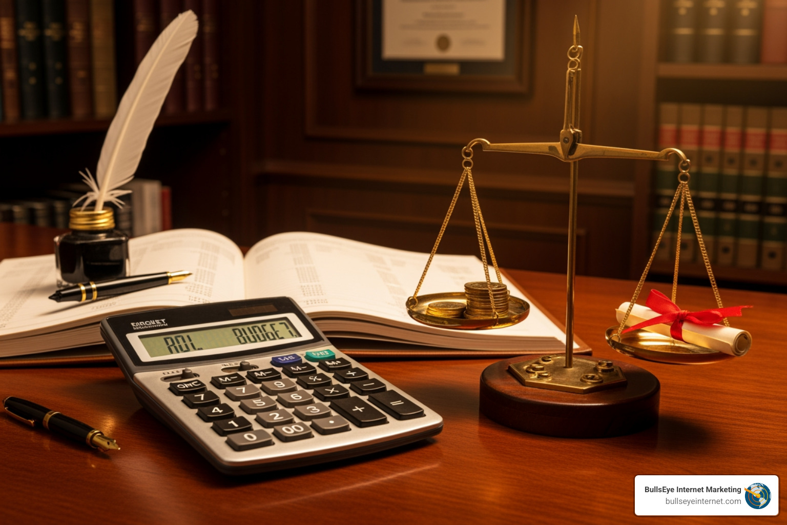 calculator and legal scales representing budget and ROI - PPC for law firms calculator and legal scales representing budget and ROI - PPC for law firms