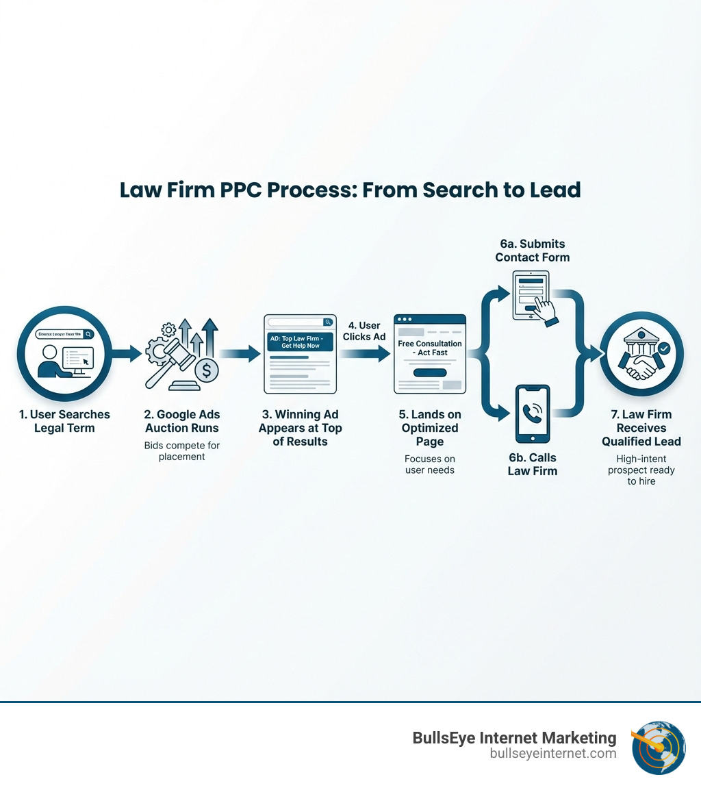 infographic showing PPC process: user searches legal term, Google Ads auction runs, winning ad appears at top of results, user clicks ad, lands on optimized page, submits contact form or calls, law firm receives qualified lead - PPC for law firms infographic infographic showing PPC process: user searches legal term, Google Ads auction runs, winning ad appears at top of results, user clicks ad, lands on optimized page, submits contact form or calls, law firm receives qualified lead - PPC for law firms infographic