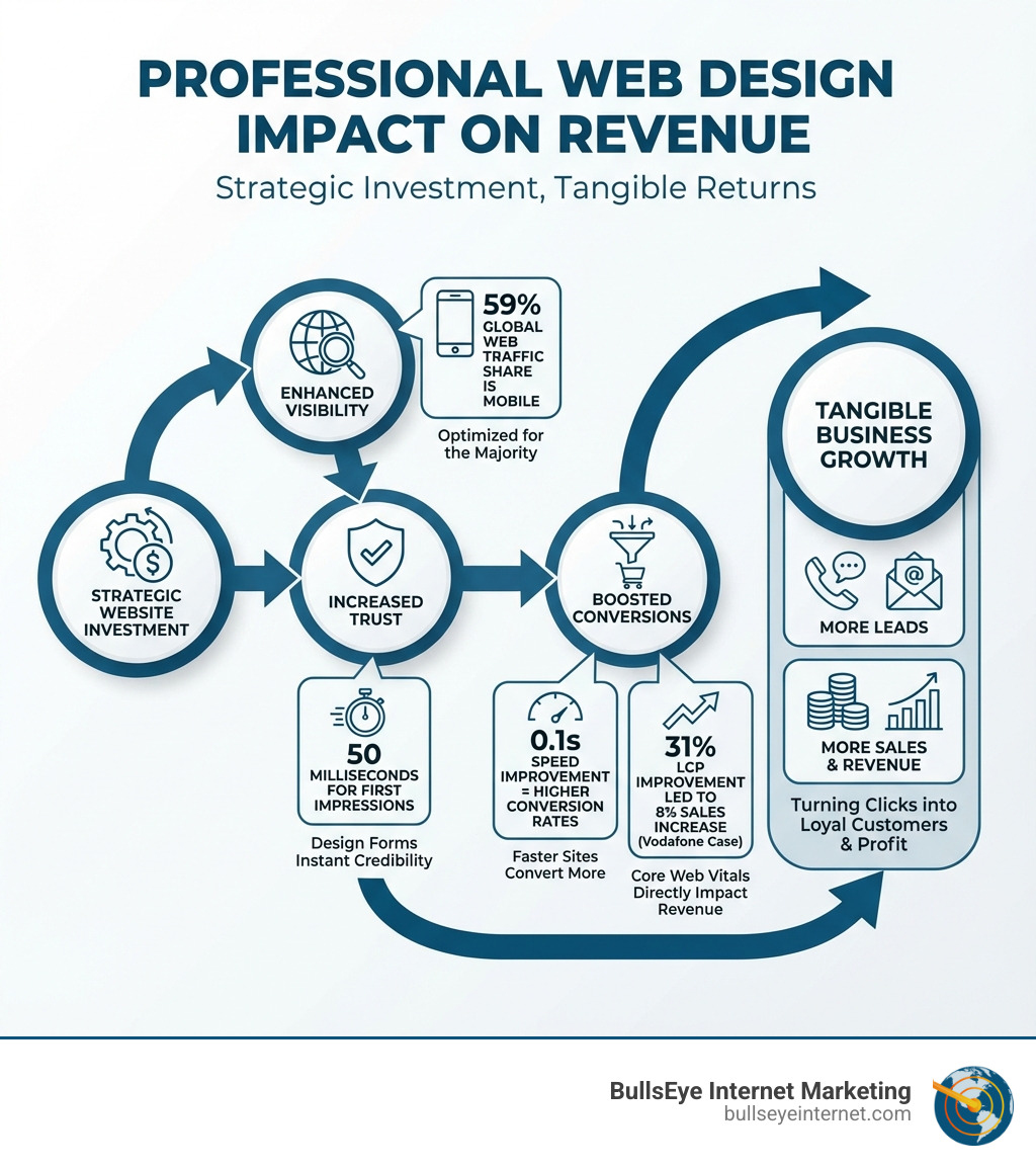 infographic showing how professional web design impacts small business revenue, with statistics: 50ms for first impressions, 59% mobile traffic share, 0.1s speed improvement increases conversions, 31% LCP improvement led to 8% sales increase for Vodafone, plus visual flow from website investment to increased visibility, trust, and conversions leading to more leads and sales - web design services for small business infographic 