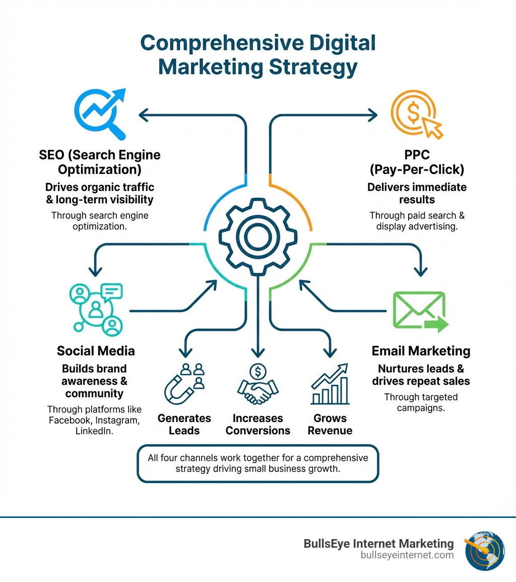 Infographic showing the core channels of digital marketing: SEO drives organic traffic and long-term visibility through search engine optimization; PPC delivers immediate results through paid search and display advertising; Social Media builds brand awareness and community through platforms like Facebook, Instagram, and LinkedIn; Email Marketing nurtures leads and drives repeat sales through targeted campaigns; all four channels work together to create a comprehensive digital marketing strategy that generates leads, increases conversions, and grows revenue for small businesses - digital marketing agency for small business infographic Comprehensive digital marketing strategy infographic featuring SEO, PPC, social media, and email marketing, illustrating their roles in driving small business growth and generating leads, conversions, and revenue, with BullsEye Internet Marketing branding.