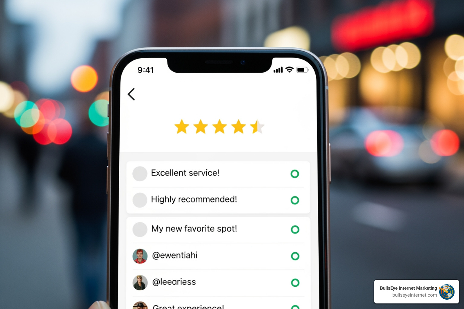 customer reviews and ratings for a local business - Local search marketing expert Smartphone displaying positive online reviews with four and a half stars, highlighting customer feedback for effective reputation management.