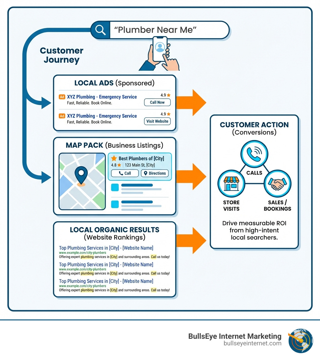 infographic showing local search ecosystem with three main components: Map Pack with business listings and ratings, Local Organic Results showing website rankings with location keywords, and Local Ads appearing above organic results, with arrows indicating customer journey from search to action - Local search marketing expert infographic Customer journey map illustrating local search marketing for plumbing services, featuring local ads, map pack listings, and organic results, emphasizing conversions and measurable ROI for businesses.