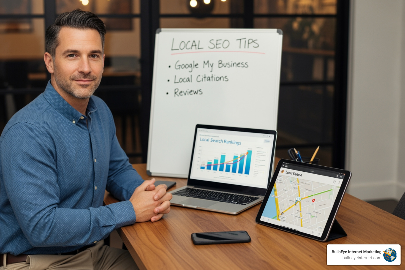optimized google business profile listing - Local search marketing expert Man in blue shirt sitting at a table with a laptop displaying local search rankings, a tablet showing a map, and a whiteboard listing local SEO tips including Google My Business, local citations, and reviews.