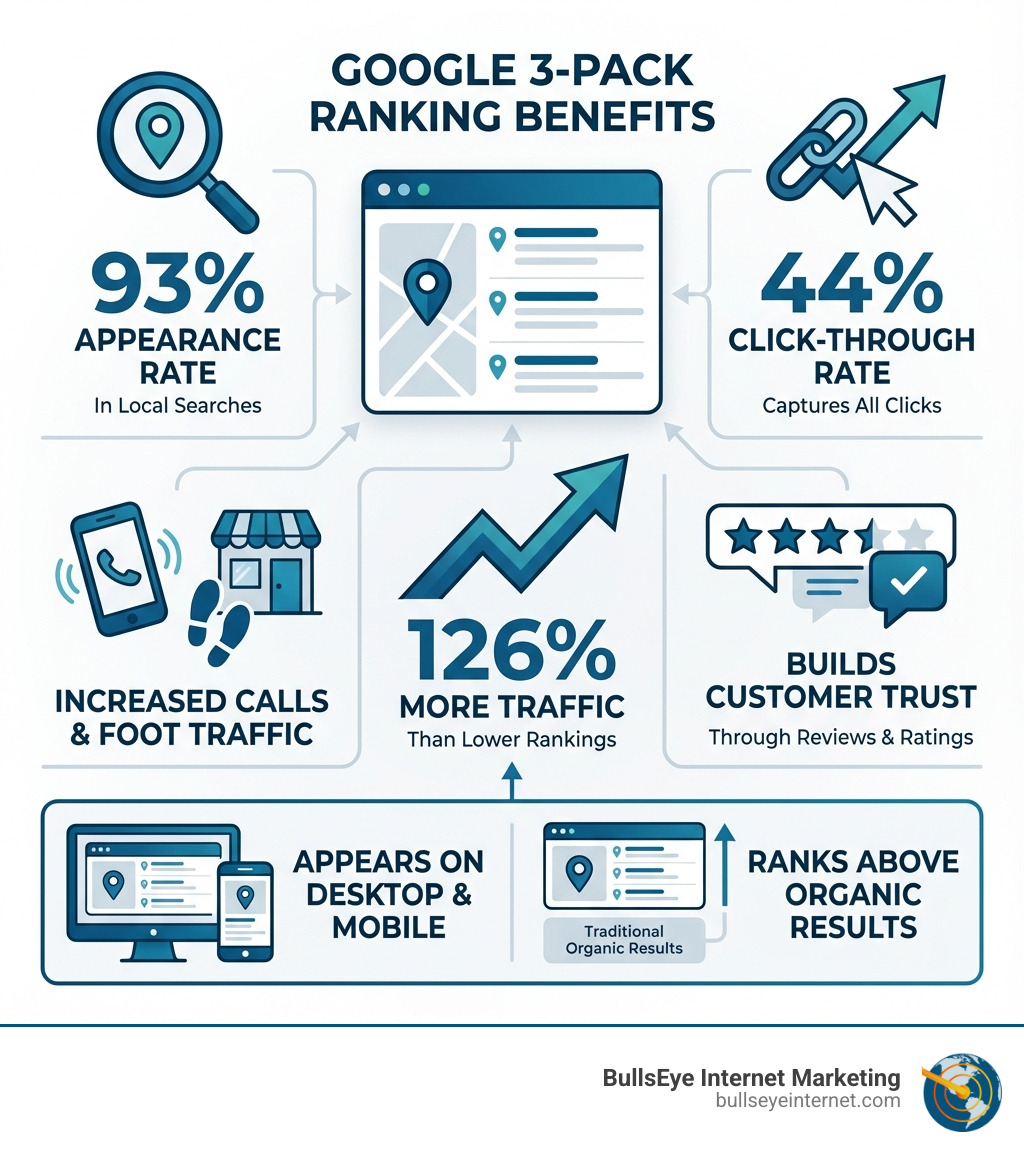 Infographic showing the key benefits of ranking in the Google 3-Pack: 93% appearance rate in local searches, 44% click-through rate, 126% more traffic than lower rankings, increased calls and foot traffic, builds customer trust through reviews and ratings, appears on both desktop and mobile, and ranks above traditional organic results - Google 3-pack expert infographic Google 3-Pack ranking benefits infographic highlighting 93% appearance rate, 44% click-through rate, increased calls and foot traffic, 126% more traffic than lower rankings, customer trust through reviews, and visibility on desktop and mobile.