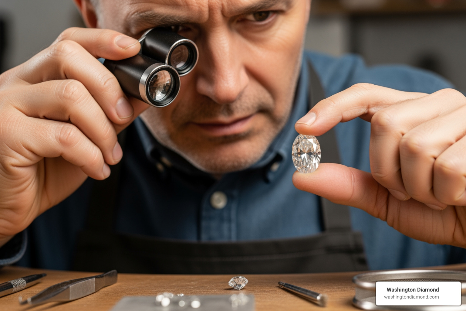 jeweler inspecting a loose lab-grown diamond with a loupe - affordable lab grown diamonds