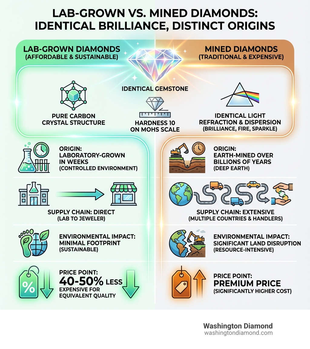 Infographic comparing lab-grown and mined diamonds side by side, showing identical chemical composition (pure carbon crystal structure), identical physical properties (hardness 10 on Mohs scale, brilliance, fire, and sparkle), identical optical properties (light refraction and dispersion), key differences in origin (laboratory-grown in weeks vs earth-mined over billions of years), supply chain (lab to jeweler vs multiple countries and handlers), environmental impact (minimal footprint vs significant land disruption), and price point (40-50% less expensive for equivalent quality) - affordable lab grown diamonds infographic 