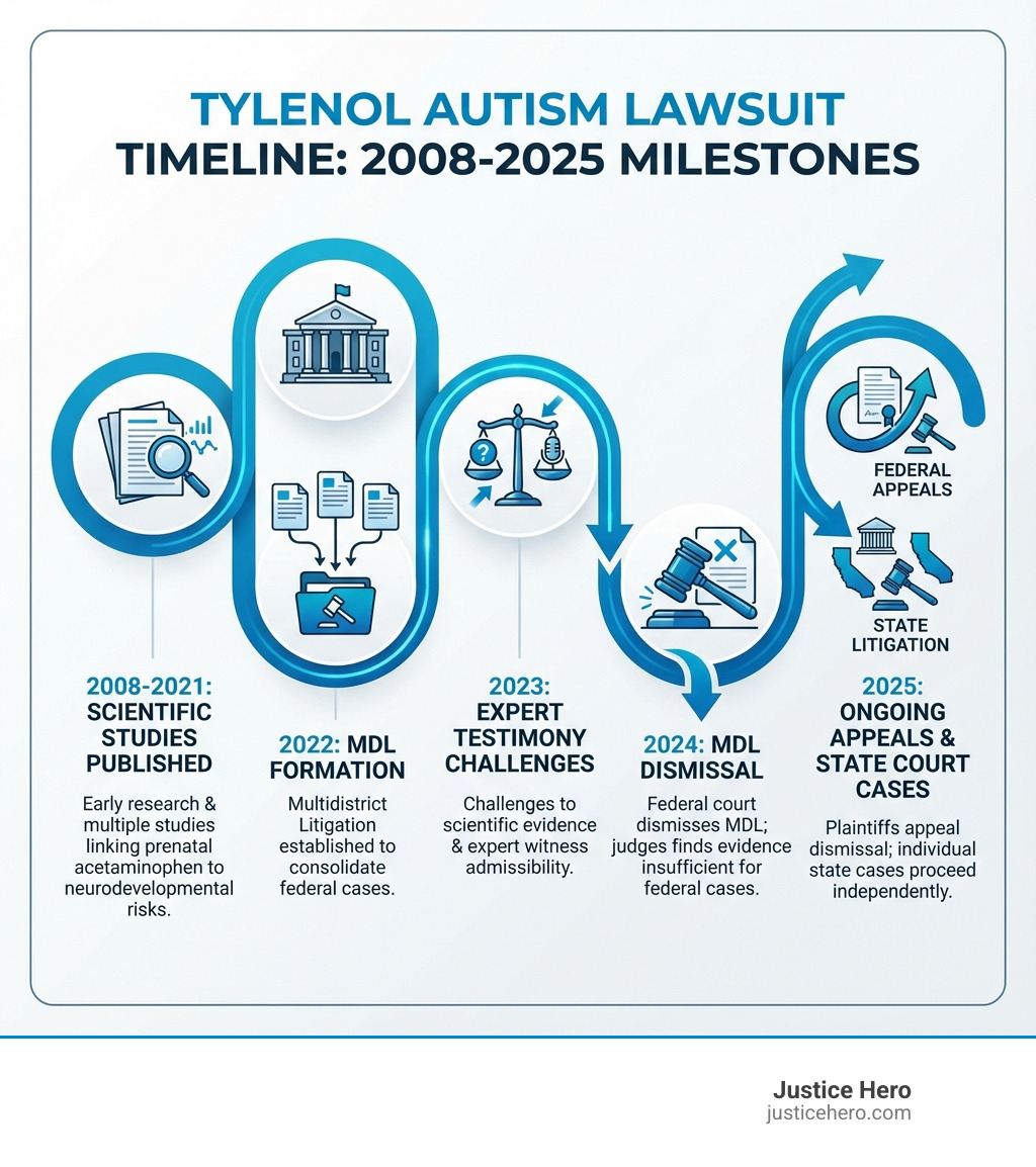 Infographic showing the Tylenol autism lawsuit timeline from 2008 early research through 2025 appeals, including key milestones: 2008-2021 scientific studies published, 2022 MDL formation, 2023 expert testimony challenges, 2024 MDL dismissal, and 2025 ongoing appeals and state court cases - tylenol autism lawsuit how much money infographic Infographic showing the Tylenol autism lawsuit timeline from 2008 early research through 2025 appeals, including key milestones: 2008-2021 scientific studies published, 2022 MDL formation, 2023 expert testimony challenges, 2024 MDL dismissal, and 2025 ongoing appeals and state court cases - tylenol autism lawsuit how much money infographic