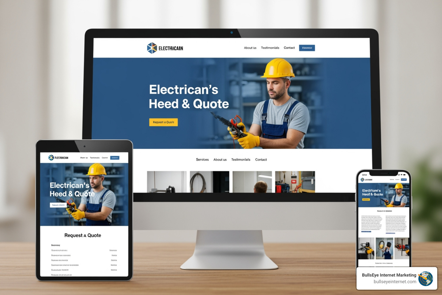 Responsive electrician website on desktop and mobile - electrician marketing strategies Electrician's website design showcasing a professional layout on desktop and tablet, featuring a male electrician in a hard hat holding tools, emphasizing high-converting digital marketing strategies for electricians.