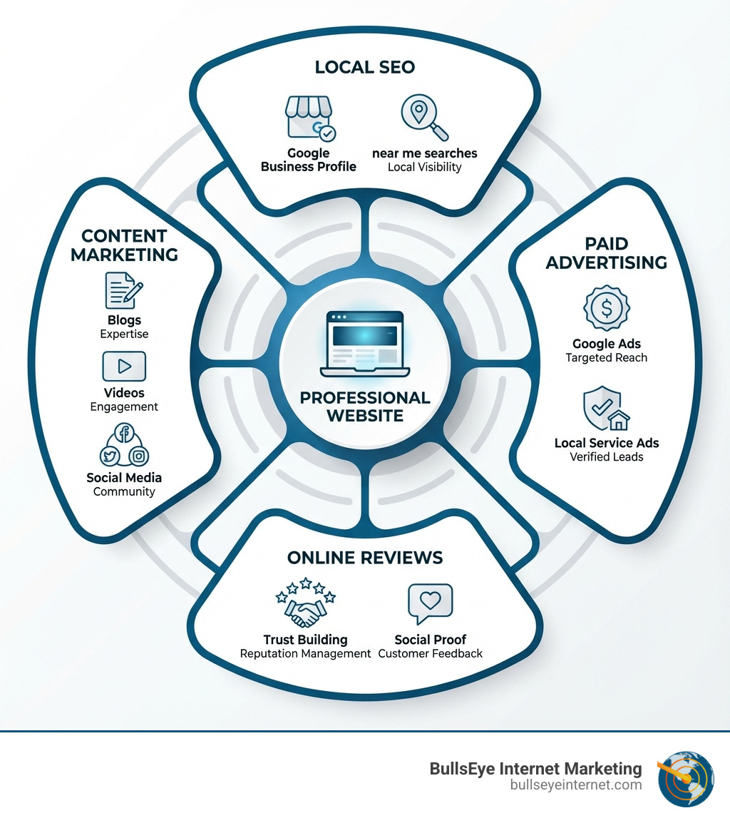 Infographic showing the core components of an effective electrician marketing plan: a professional website at the center, surrounded by Local SEO (Google Business Profile, near me searches), Paid Advertising (Google Ads, Local Service Ads), Online Reviews (trust building, reputation management), and Content Marketing (blogs, videos, social media) - electrician marketing strategies infographic Infographic illustrating essential electrician marketing strategies, featuring local SEO, content marketing, paid advertising, and online reviews, centered around a professional website, branded with BullsEye Internet Marketing logo.